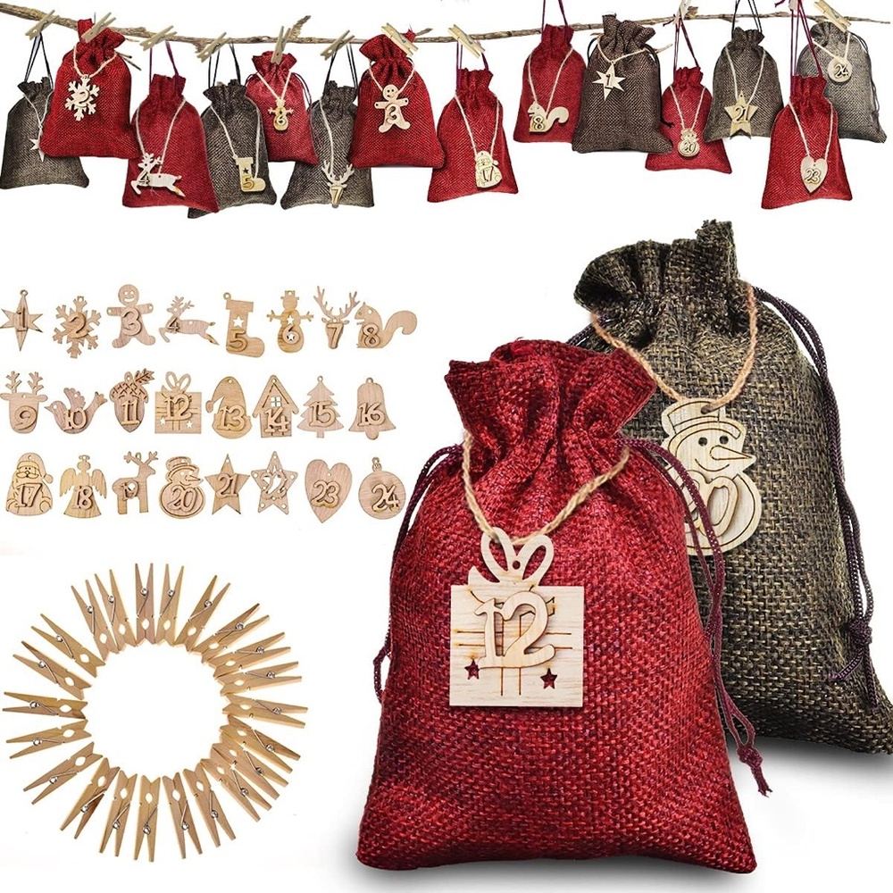 Rustic Burlap Holiday Advent Gift Bags - Red and Brown